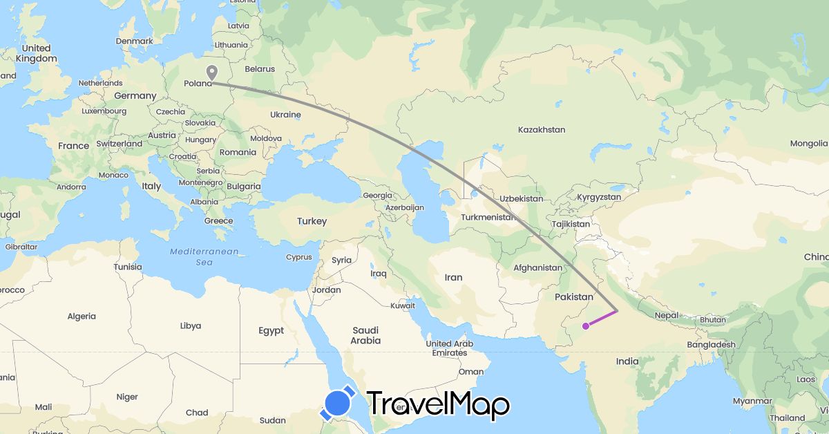 TravelMap itinerary: driving, plane, train in India, Poland (Asia, Europe)